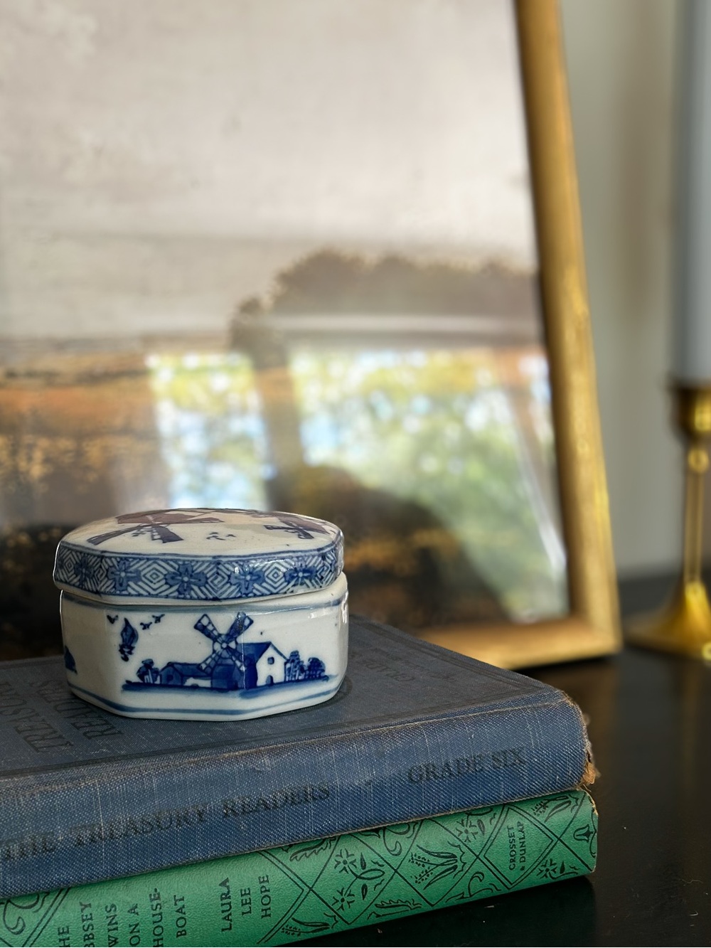Vintage Delft Style Windmill Trinket Box | Blue & White Porcelain Jewelry Box